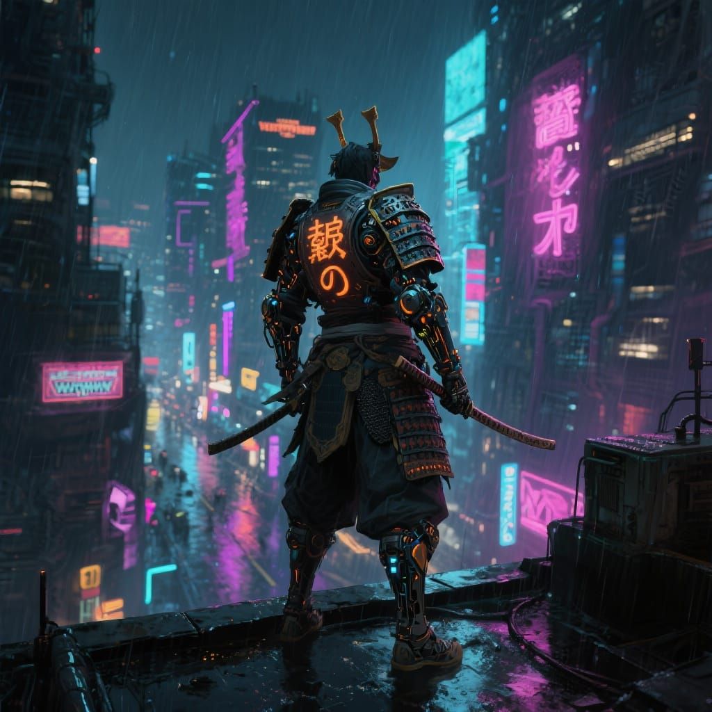 Cyberpunk Samurai Overlooking Neon Cityscape