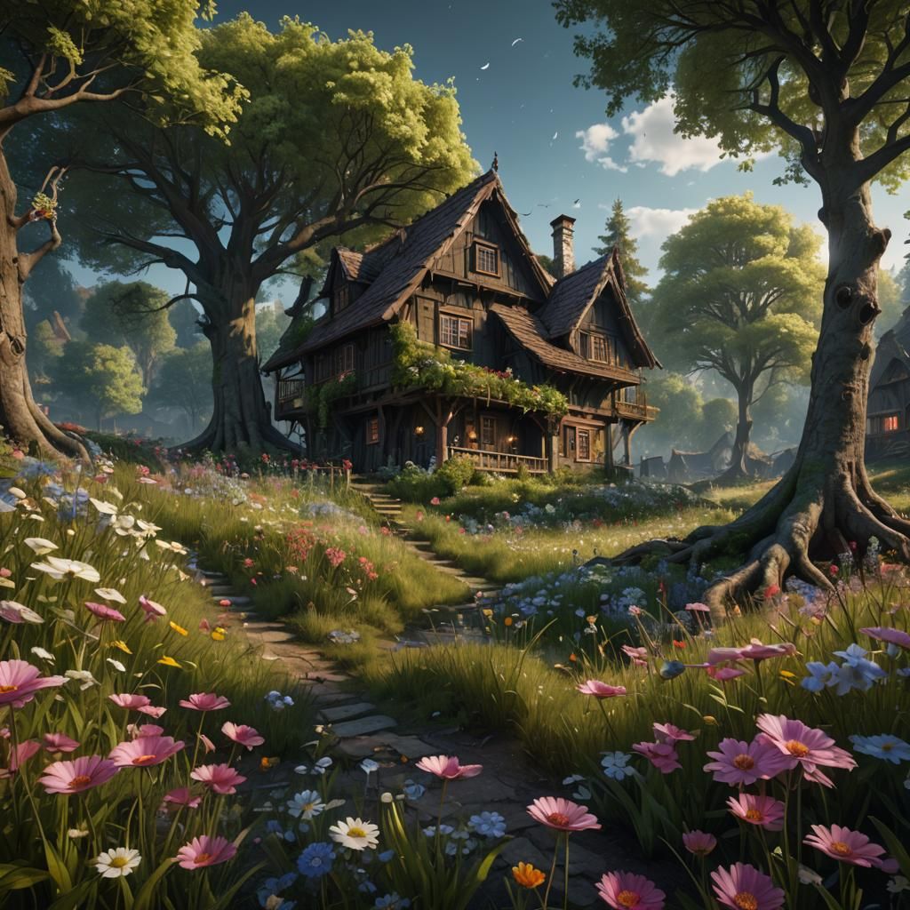 Decayed Treehouse in Overgrown Meadow: Dark Fantasy Art