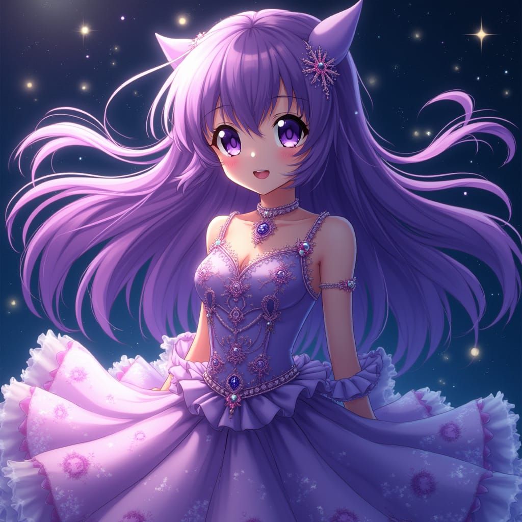 Ethereal Anime Woman With Violet Eyes and Star Dress