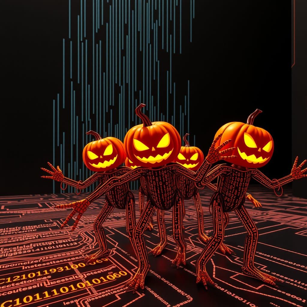 Digital Horror: Pumpkin Figures Emerge From Screen