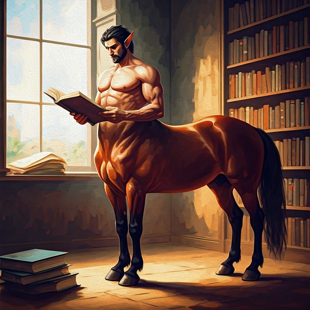 Centaur's Literary Escape: Gouache Style Masterpiece