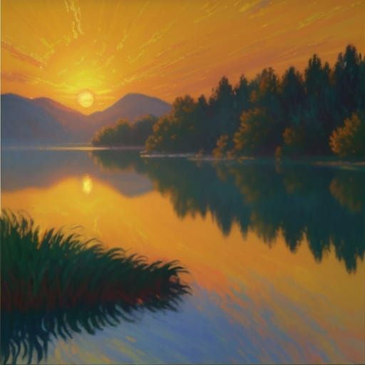 Naiv Style Oil Painting of Sun Over Calm Lake