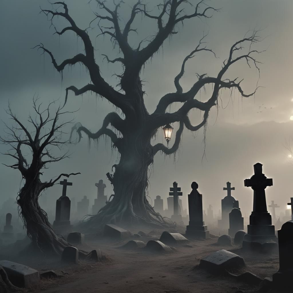 Demonic Entity in Mist-Shrouded Cemetery: Dark Fantasy