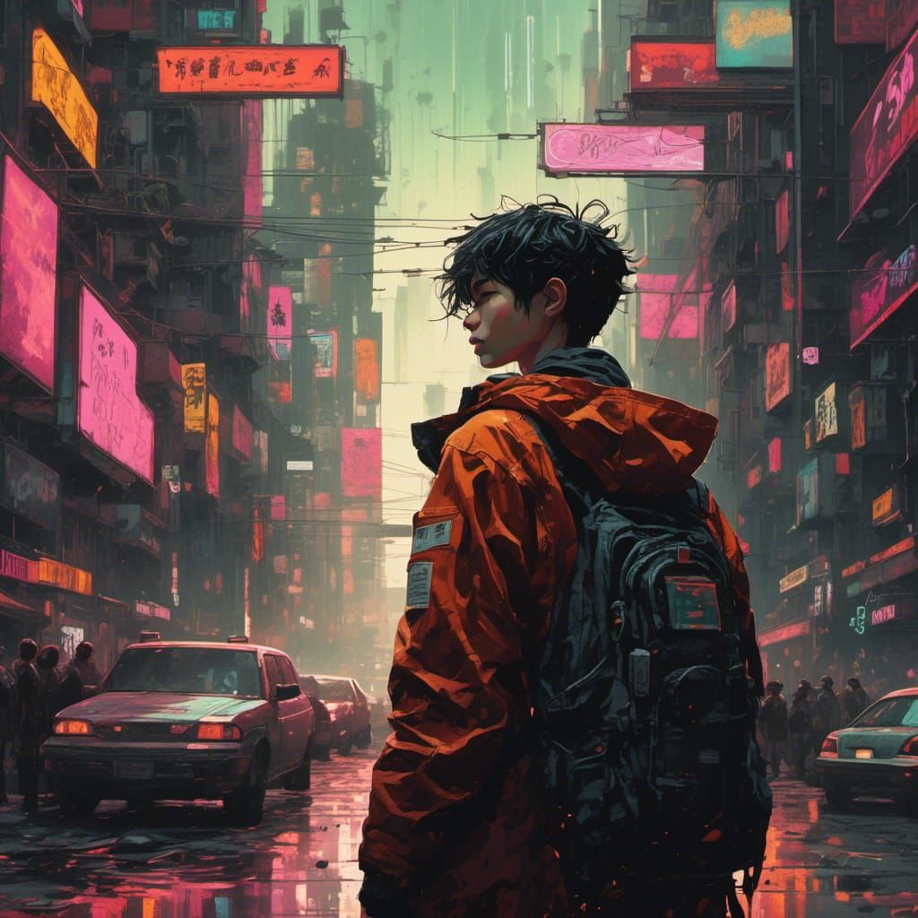 Cybernetic Man in Dystopian Cyberpunk Cityscape