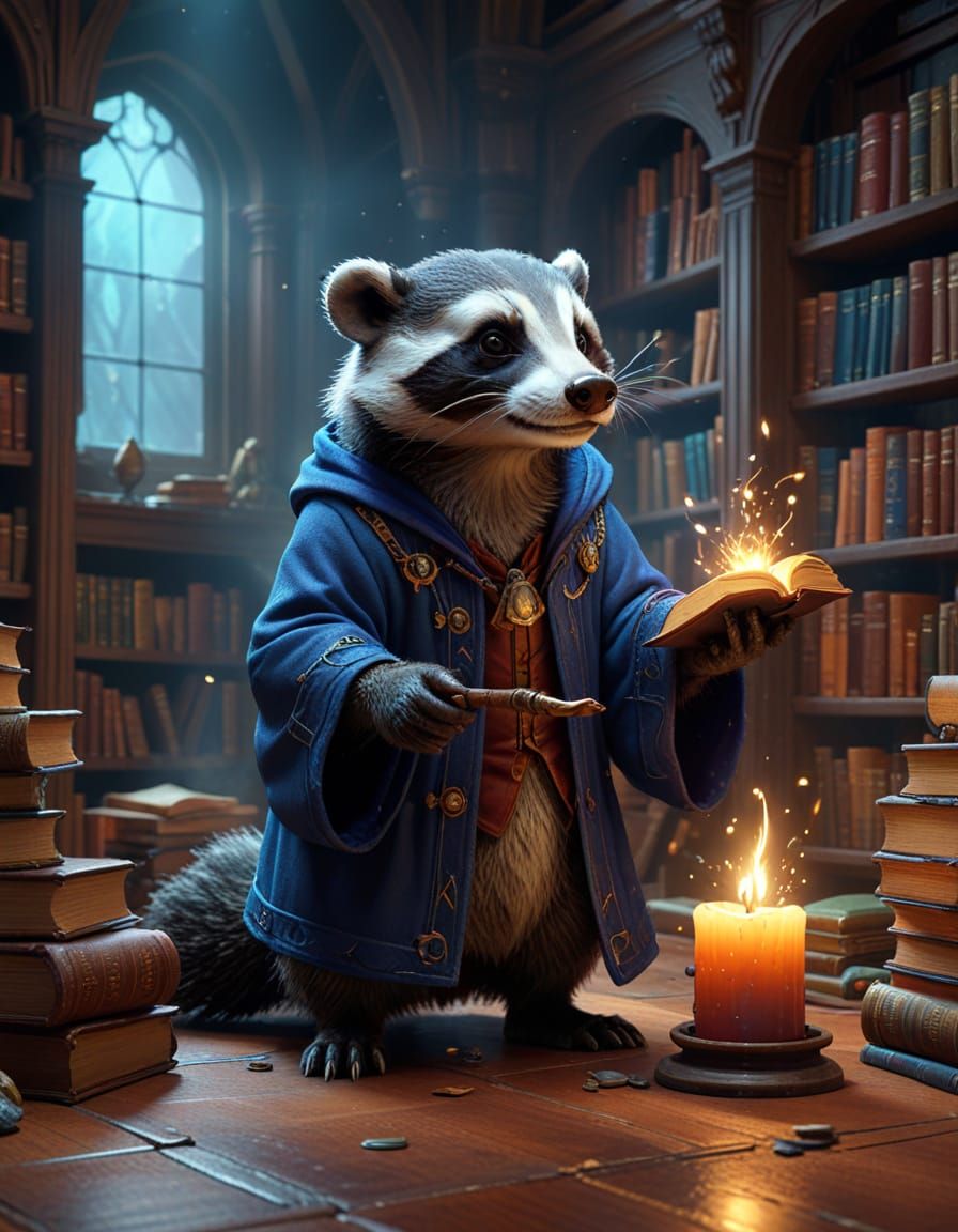 Mystical Badger Wizard Casts Spell in Vibrant Library