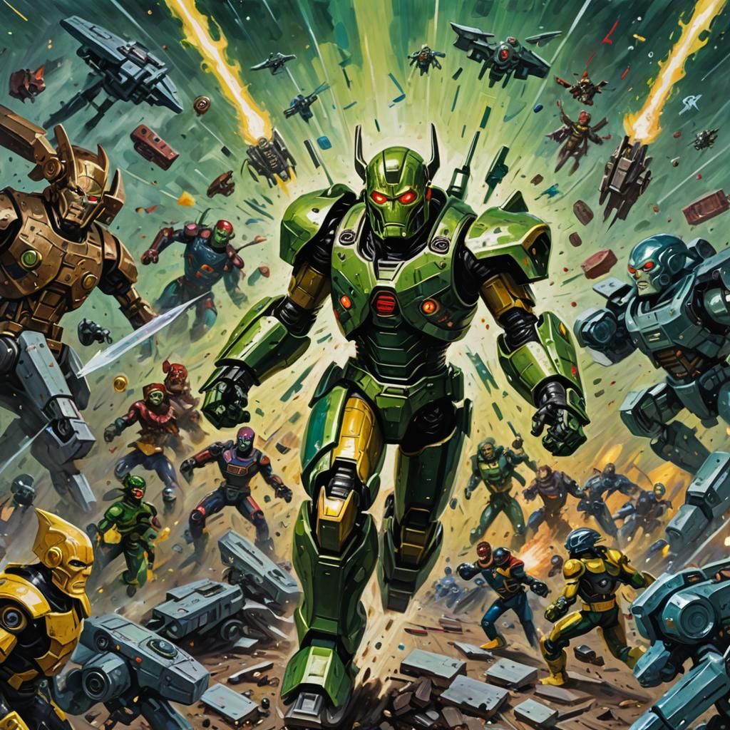 Skrull Rogue in Robot Battlefield as Impasto Painting