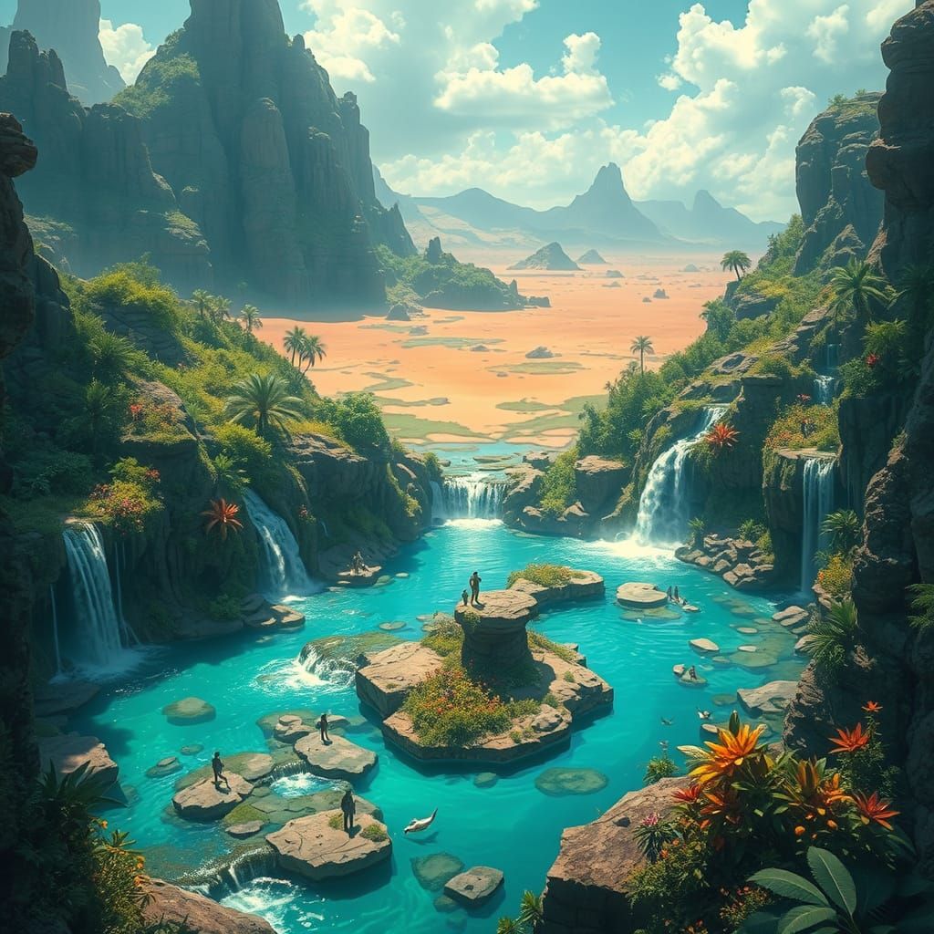 Hyperrealistic Oasis with Waterfalls and Exotic Wildlife