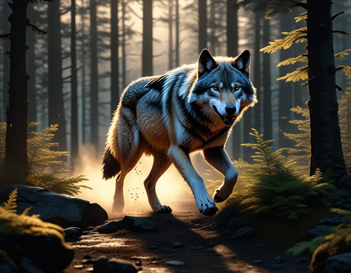 Grey Wolf Running in Taiga, Serigraphy Style