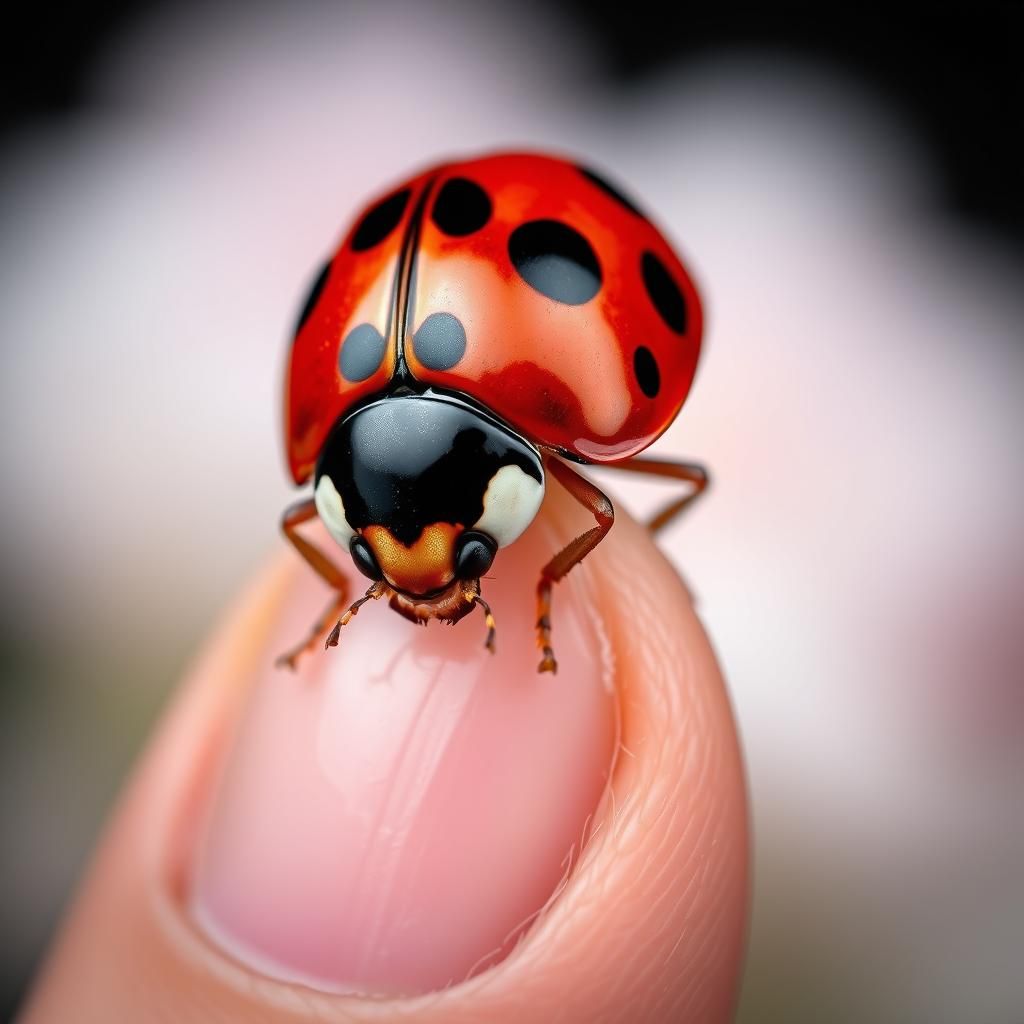 Ladybug Perched on Human Finger Macro Photograph