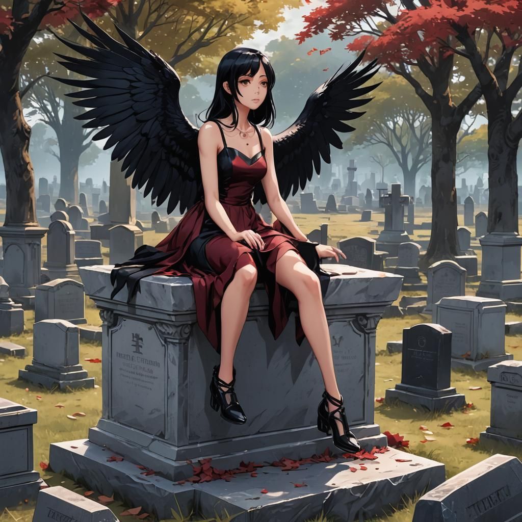 Manga-Style Woman with Raven Wings in Graveyard