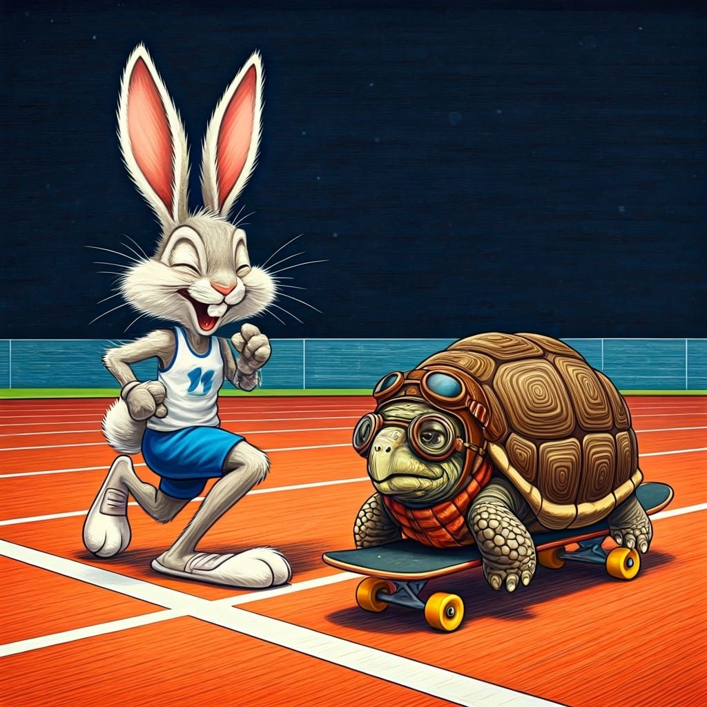 Humorous Cartoon: Bunny Laughing at Tortoise Race