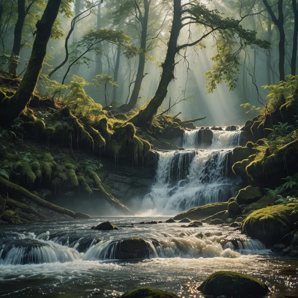 Magical Waterfalls in Misty Forest: Cinematic Film Still