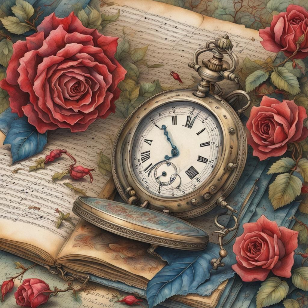 Vintage Pocket Watch on Newspaper with Roses, Watercolor