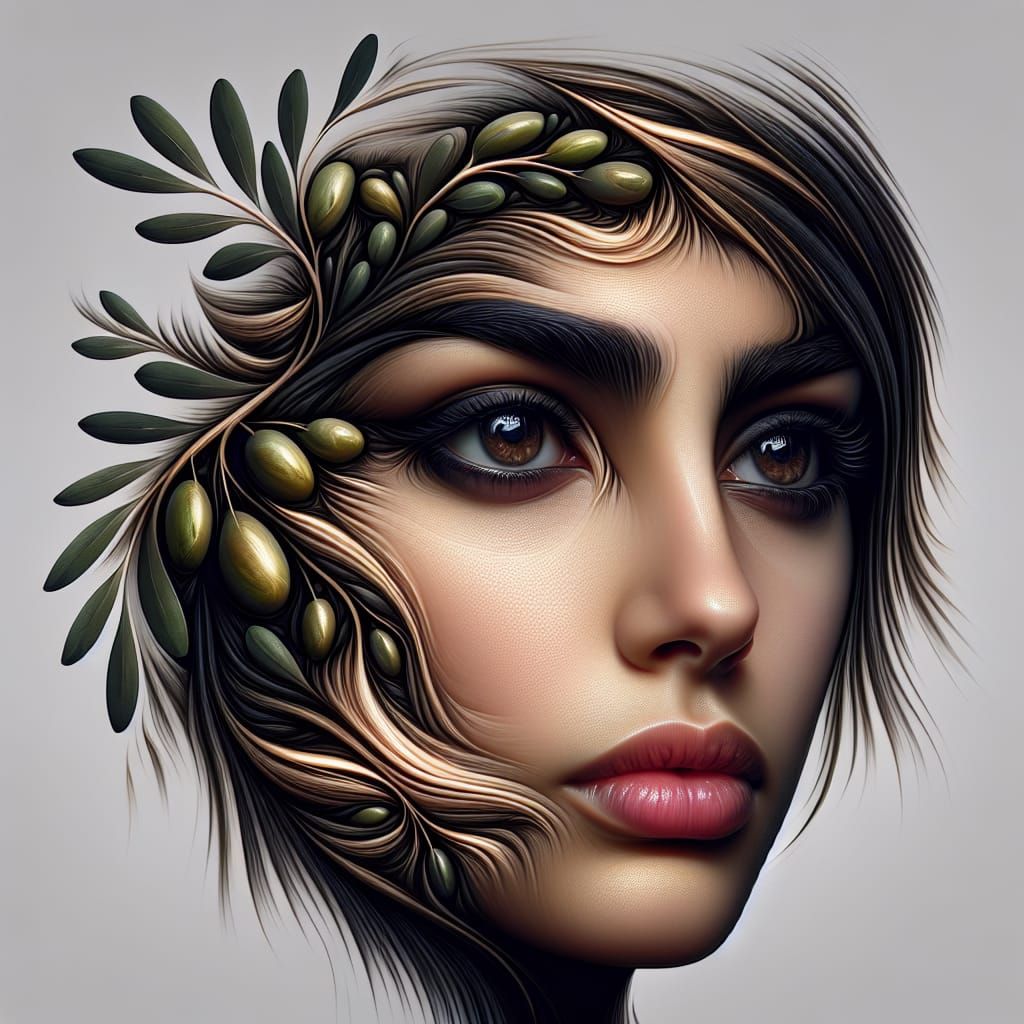 Olive Branch Woman: Hyperrealistic Digital Illustration