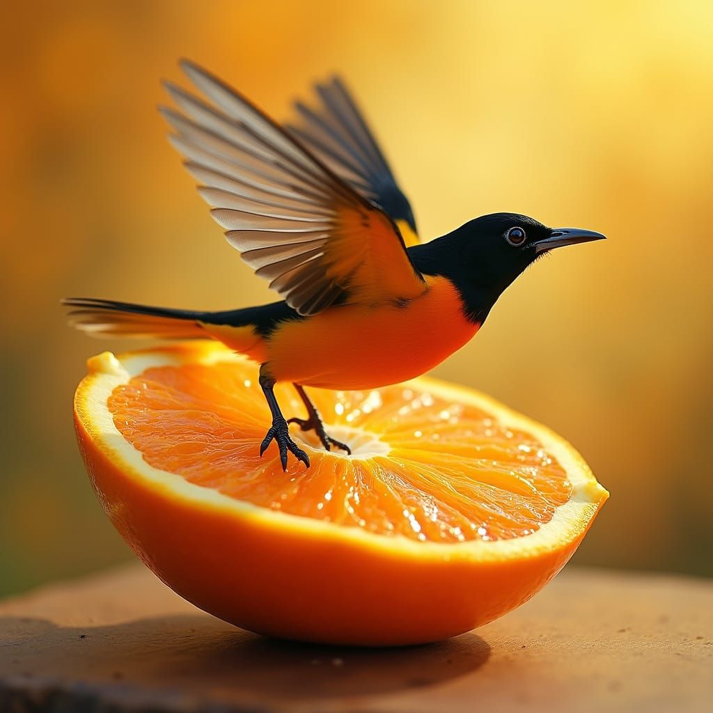 Vibrant Orange Fruit with a Flying Bullock's Oriole in Soft ...