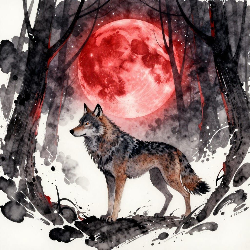 Celestial Wolf Under Blood Red Moon in Stylized Watercolor