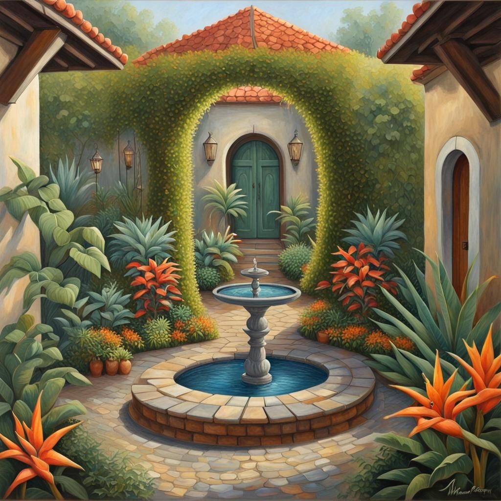Fantasy Garden Courtyard: Traditional Oil Painting