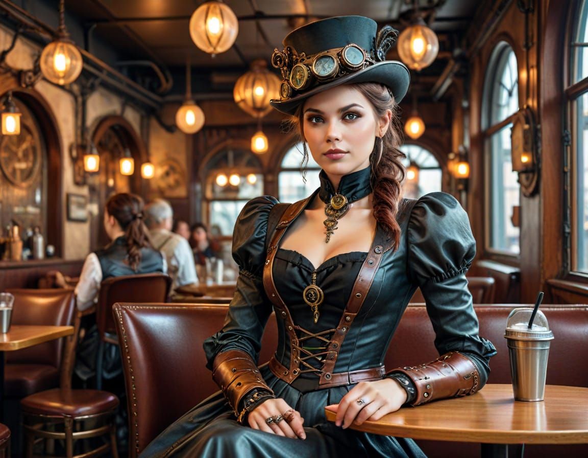 Steampunk Lady Dines in Victorian Restaurant