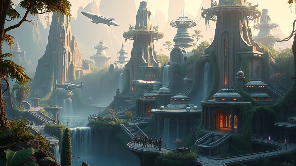 Surreal Futuristic Spaceport Amidst Alien Jungle Landscape i...