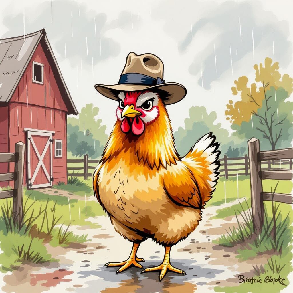 Grumpy Chicken in Fedora, Beatrix Potter Style