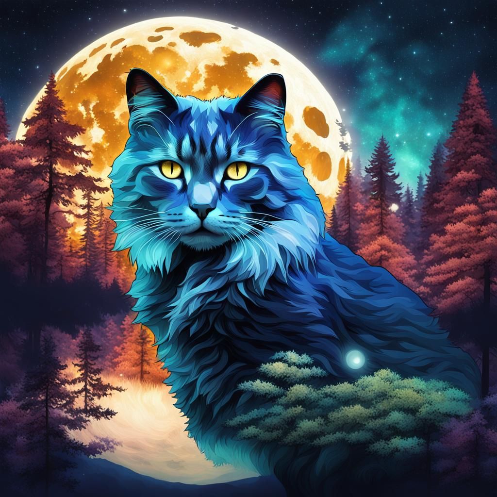 Double Exposure Cat in Forested Fantasy World