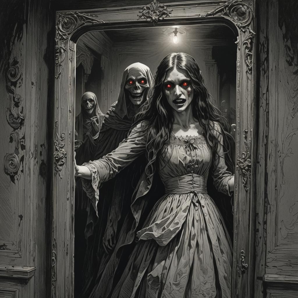 Girl, Mirror, and Ghost in Horror Illustration