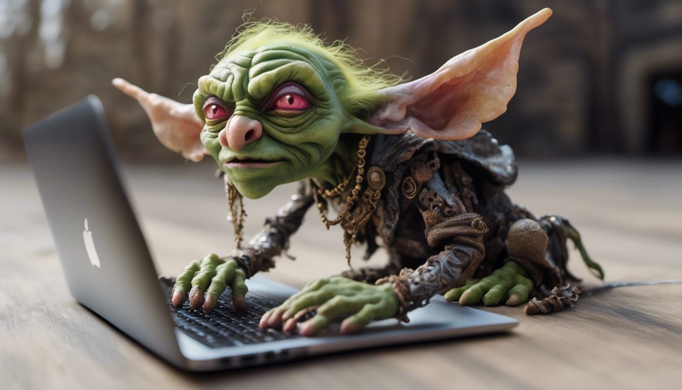 Hyperrealistic Goblin Using a Macbook