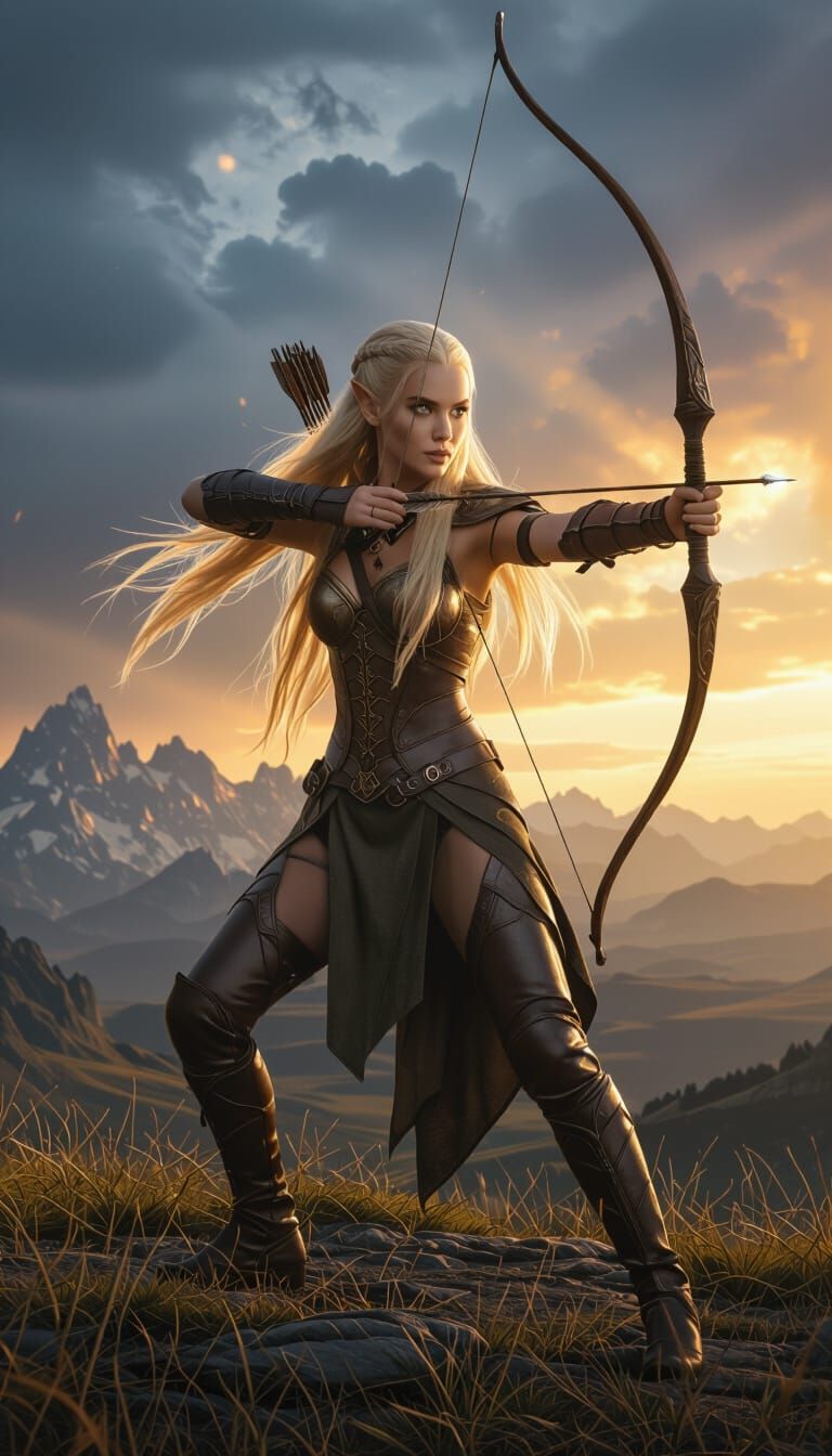 Elven Hunter in Revealing Armor Amidst Epic Landscape