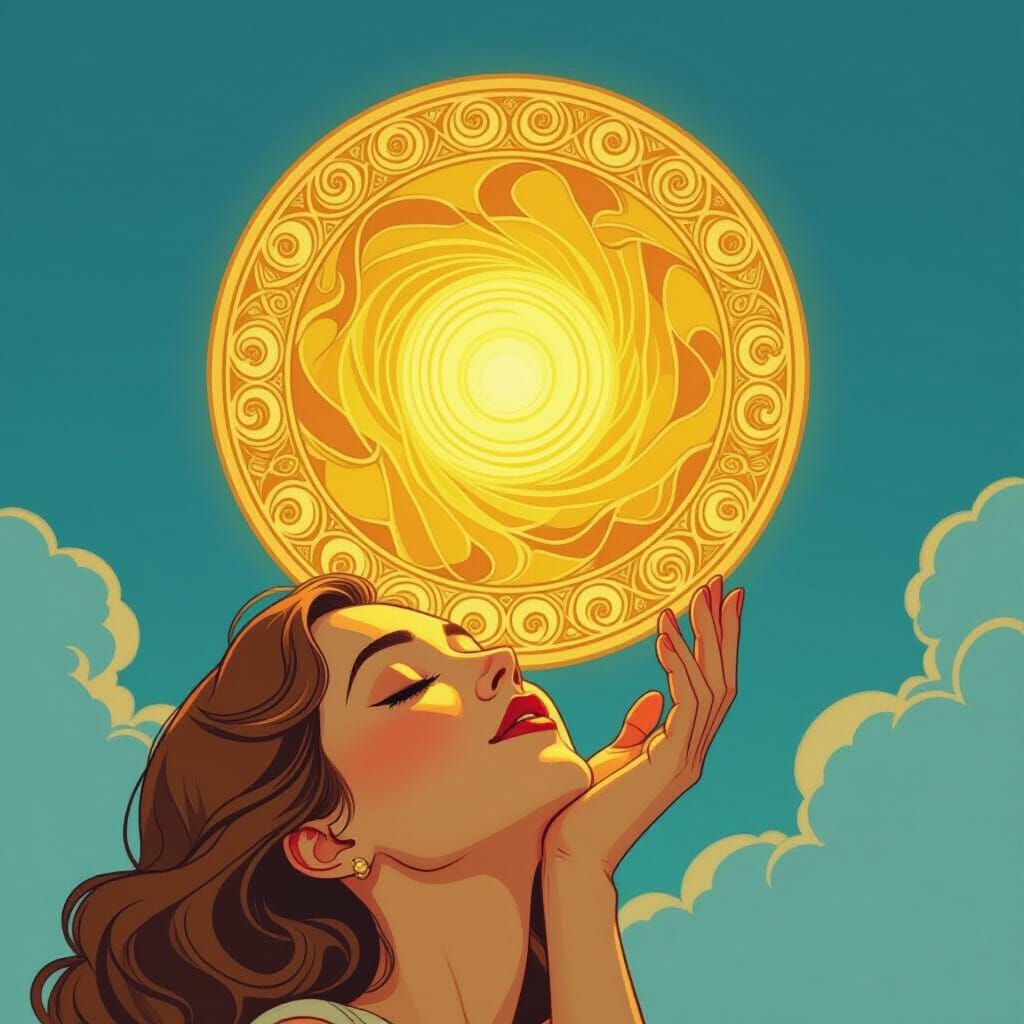 Art Nouveau Sun Descends as Molten Coin