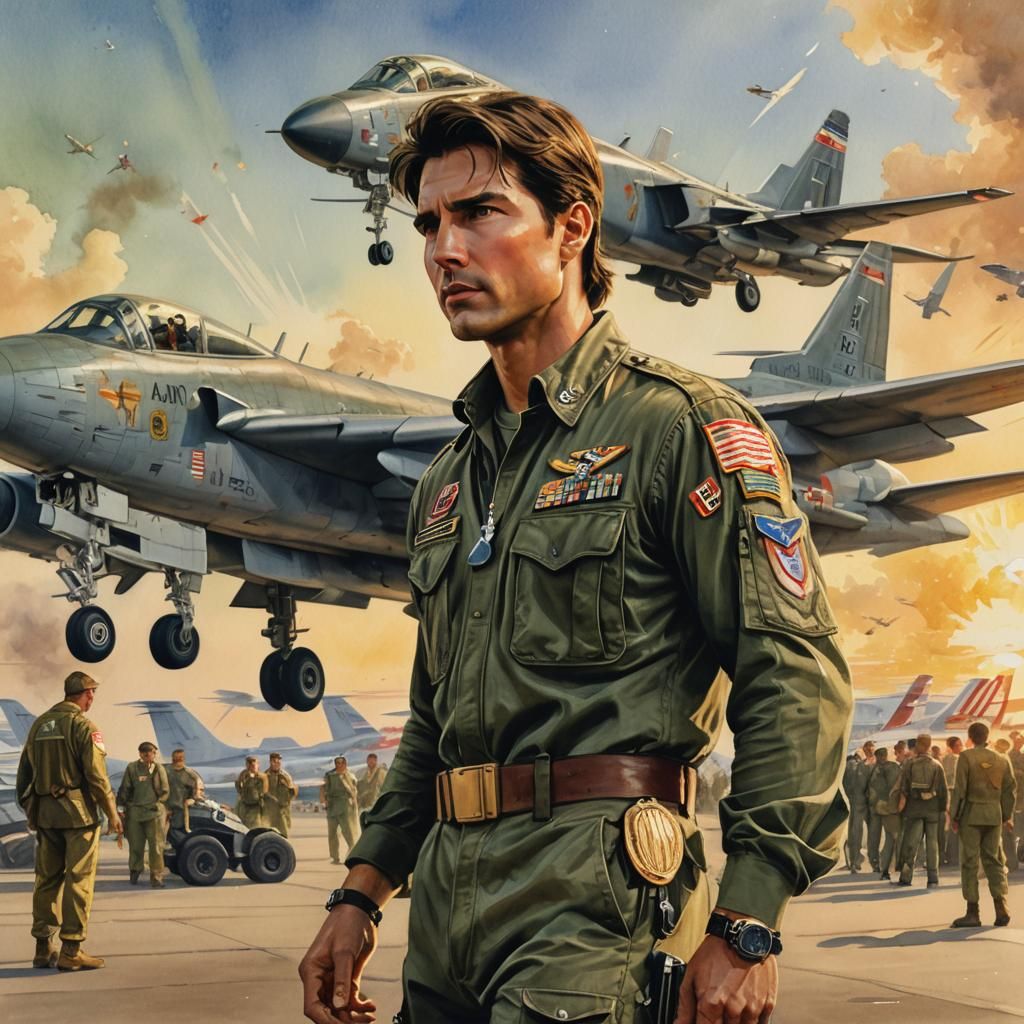 Tom Cruise Look-Alike in Army Green, Watercolor Style