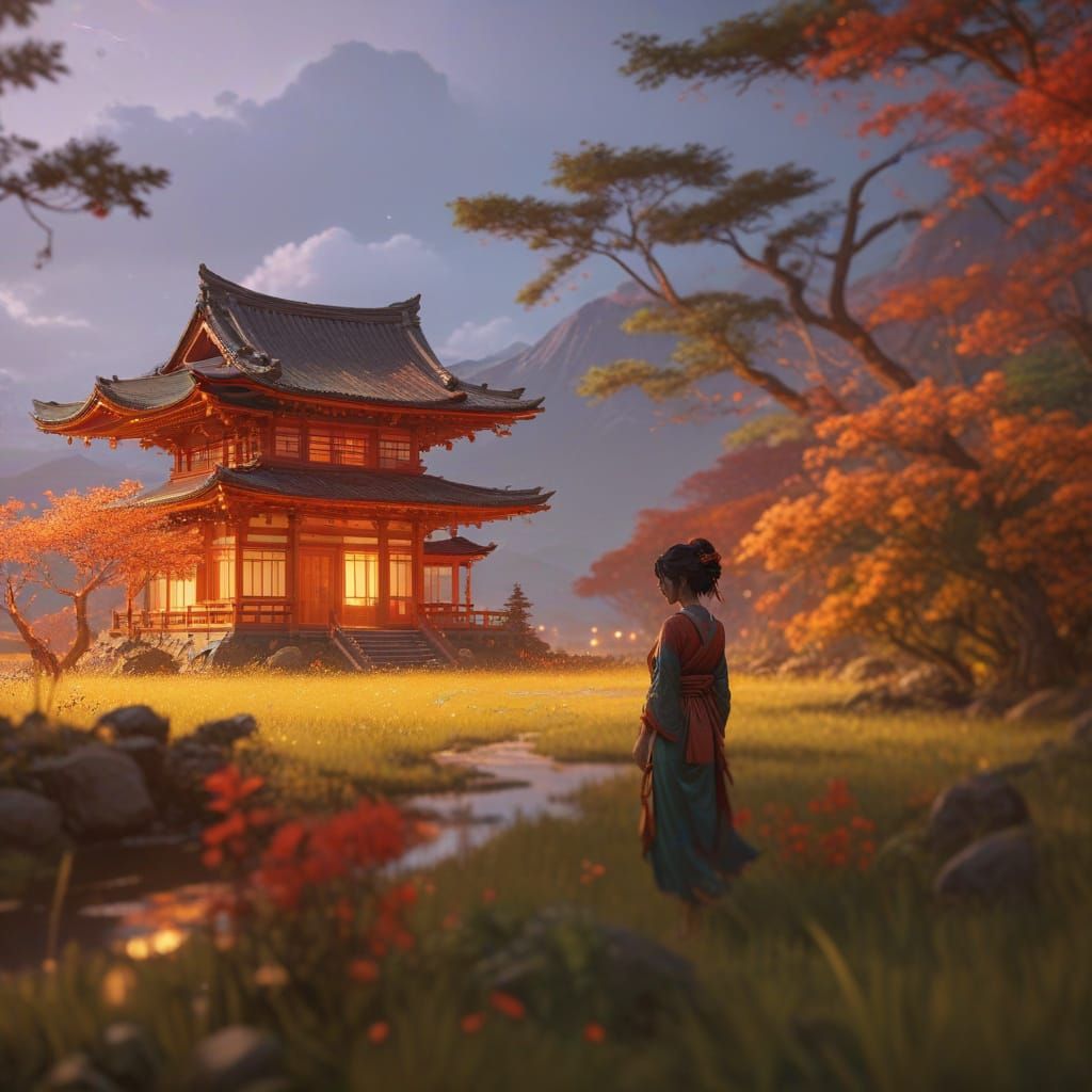 Traditional Japanese Woman in a Lonely Evening Scene