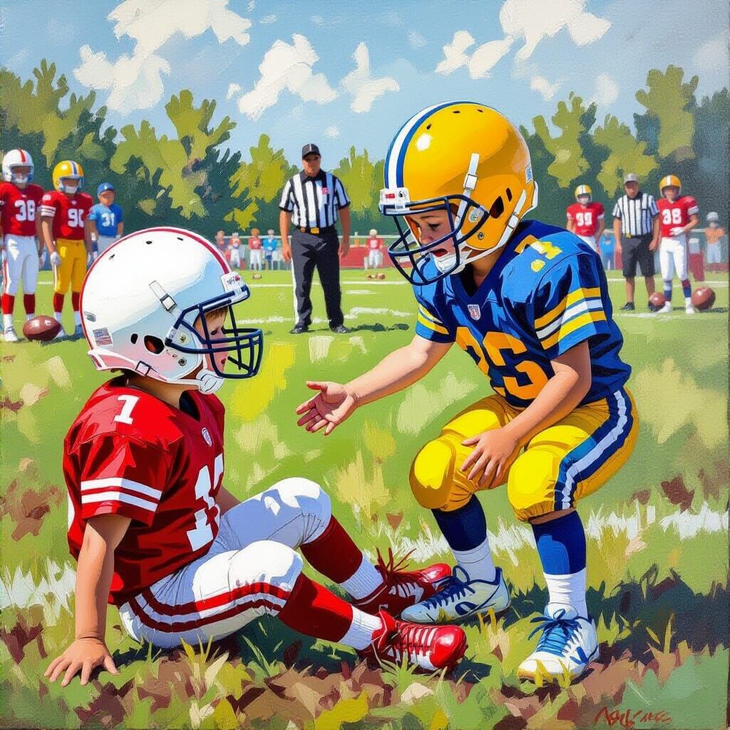 Boys Show Sportsmanship in Neo-Impressionist Football Painti...