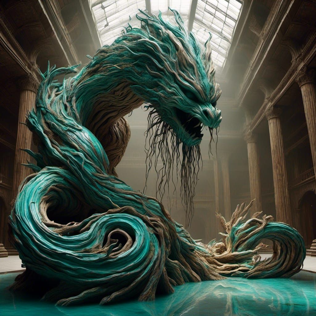 Intricate Marble Dragon with Flowing Turquoise Fluid