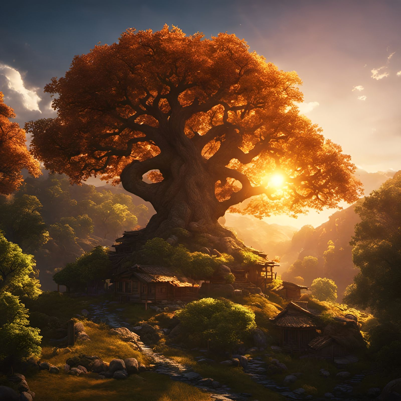 Yggdrasil Fantasy Landscape in Golden Sunlight
