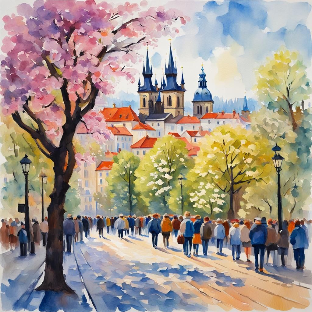 Prague in Spring: A Gouache Watercolor Painting