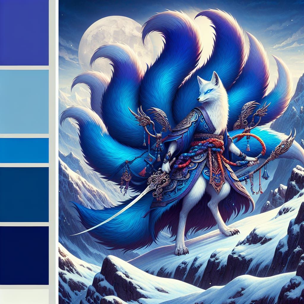 Mystical Blue Nine-Tailed Fox on Snowy Peak