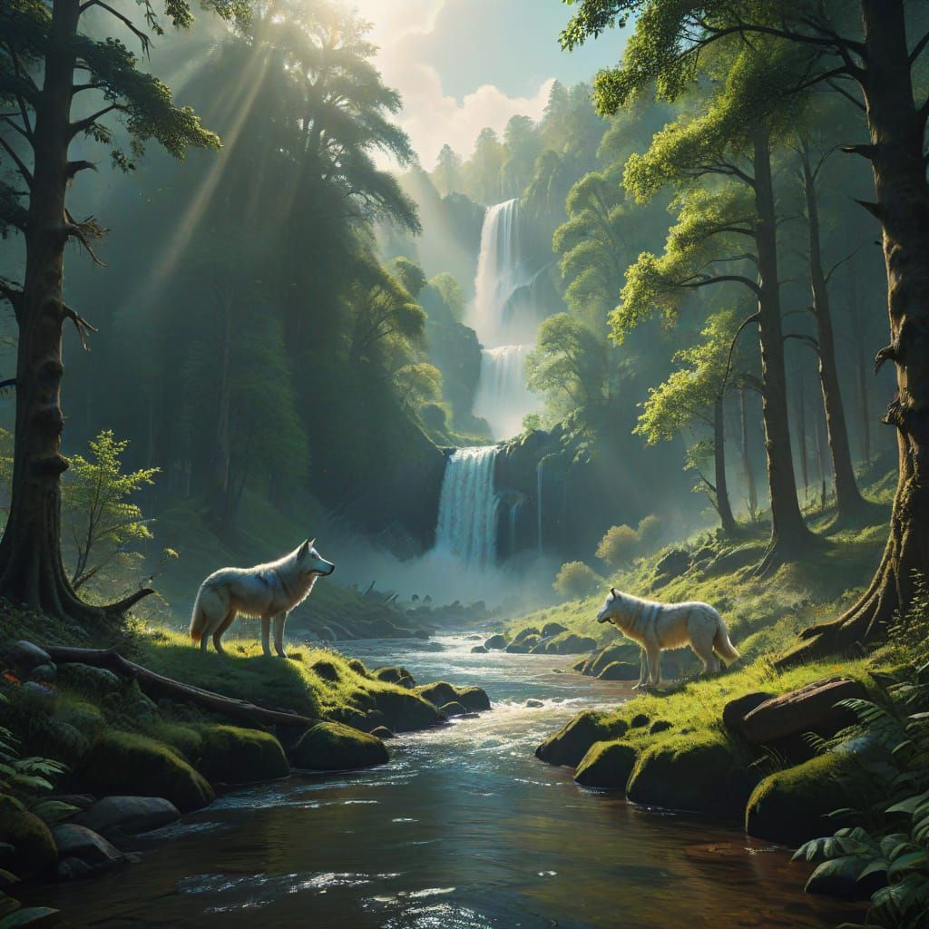 Epic Fantasy Landscape with Majestic Wolves