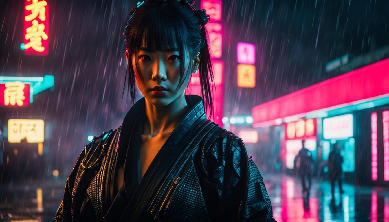 Samurai Woman in Rainy Cyberpunk Cityscape
