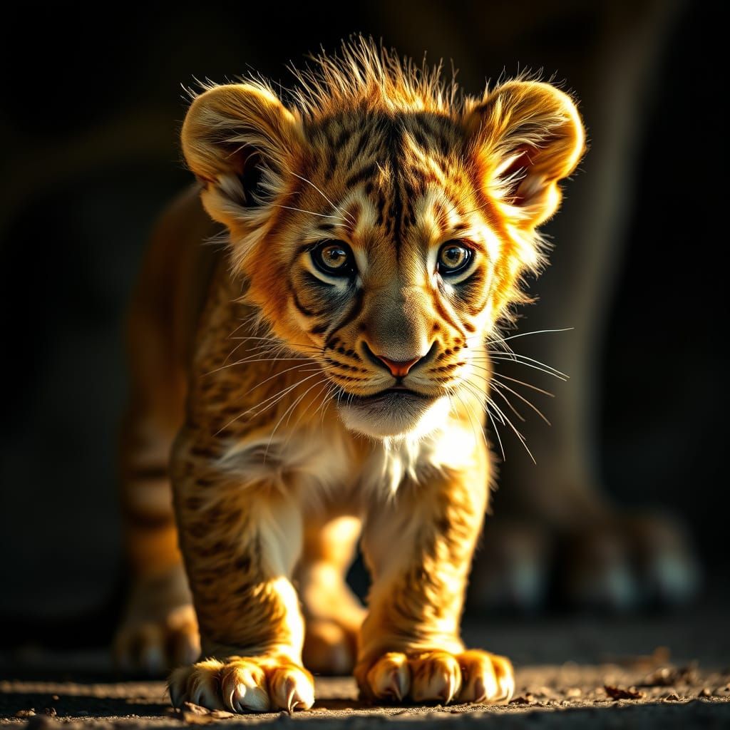 Fearless Baby Lion Showcases Bravery in a Golden Light