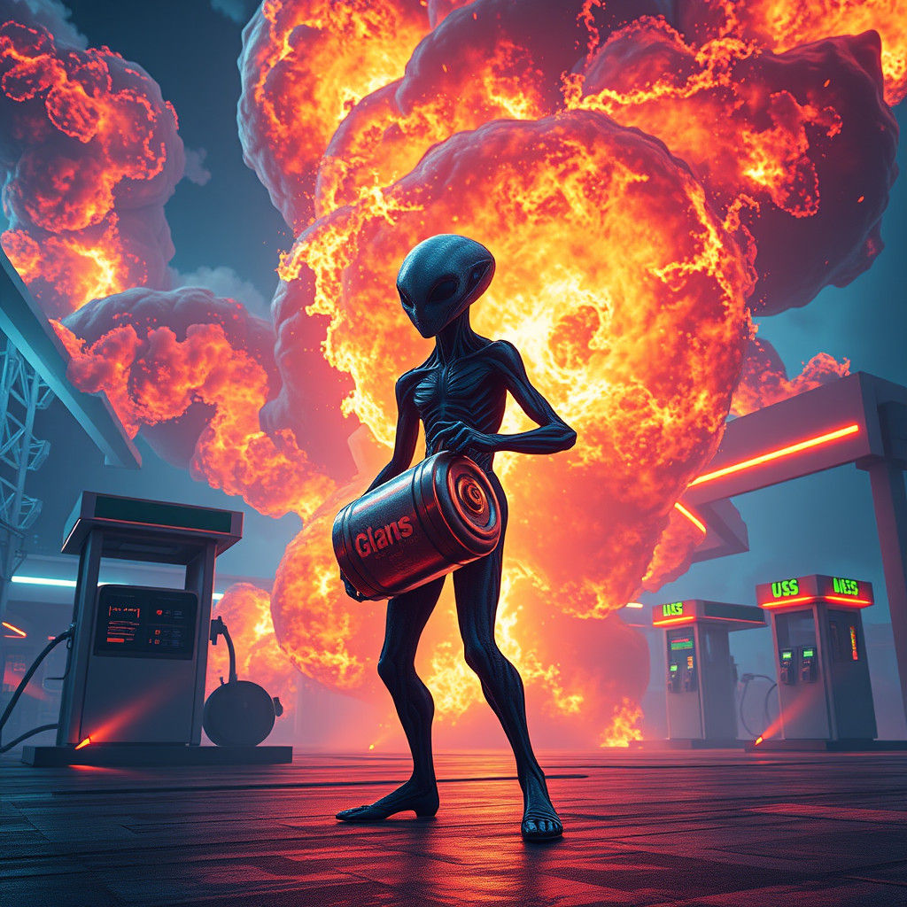 Futuristic Gas Station Explosion with Alien Hero, Digital Ar...