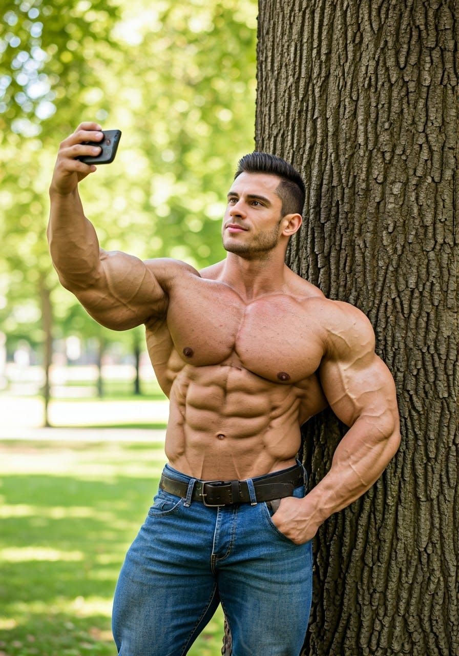 Hyperrealistic Bodybuilder Selfie in City Park