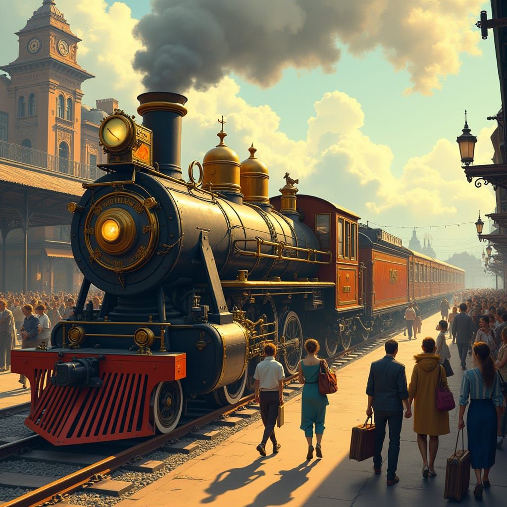 Majestic Steam-Powered Train Arrives at Bustling Station