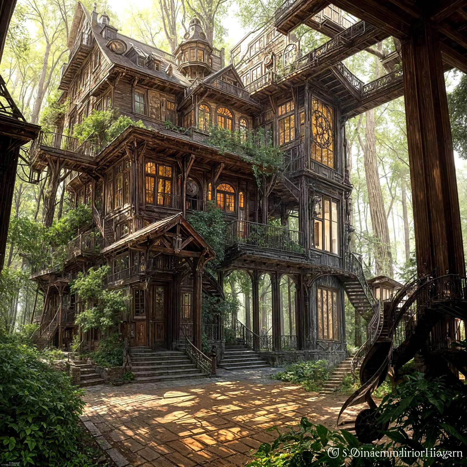 Steampunk House with Autumn Stained Glass Windows