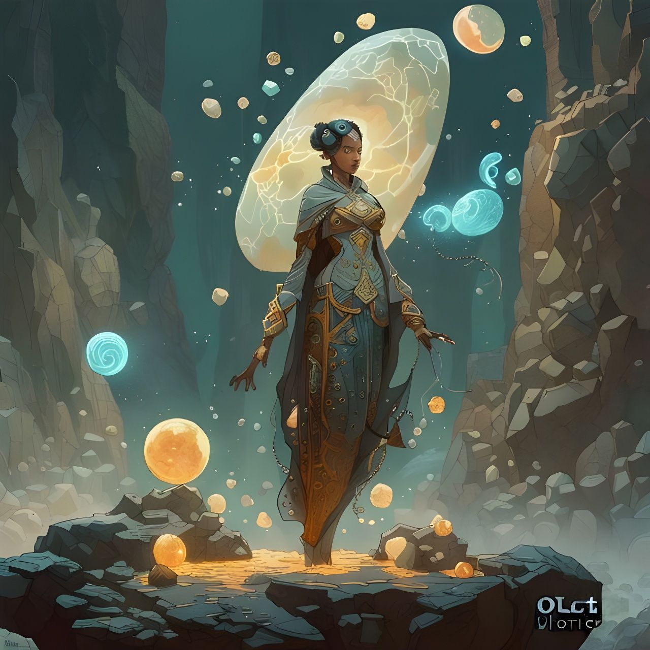 Ornate Stone Mage Cyborg in Biopunk Art Nouveau Style