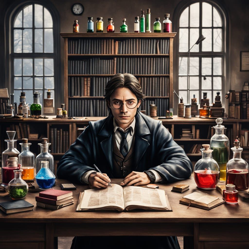 potion tester sitting at a desk with potions and books on th...