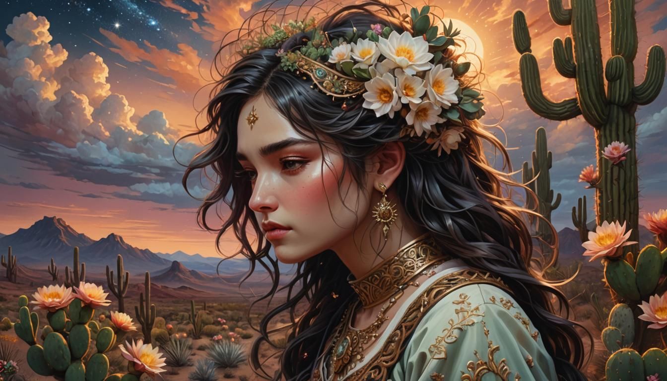 Cactus Girl in Flower Desert Oil Painting