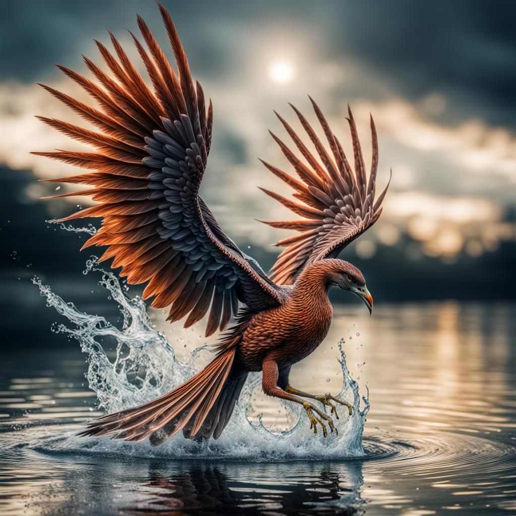 Majestic Water Phoenix in Flight: Hyperrealistic Image