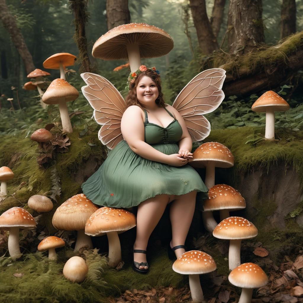 Bbw fat smiling cute Fairy sat on mushroom 🍄 holding a fuzz...