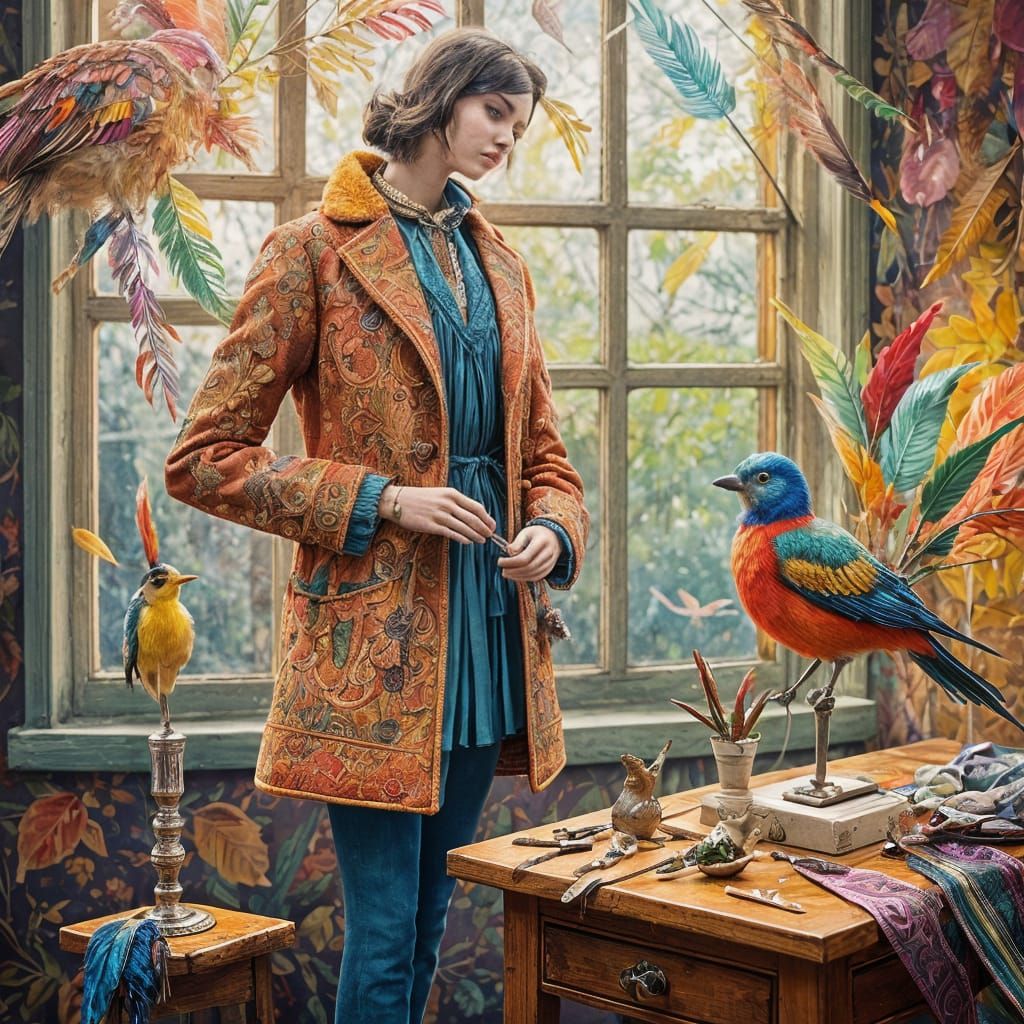 The tailor is a bird fashion designer.