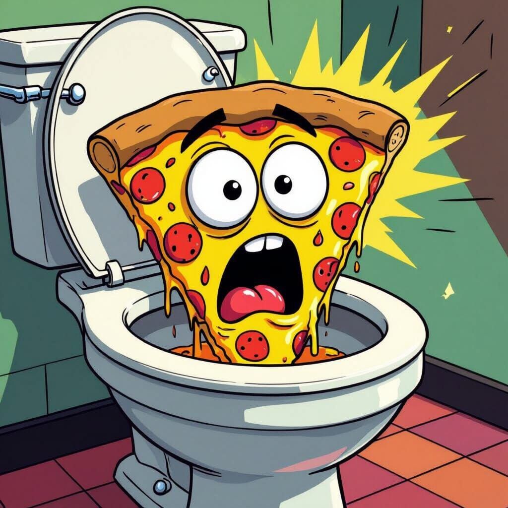 Surprised Pizza Slice Emerges From Toilet in Cartoon Style